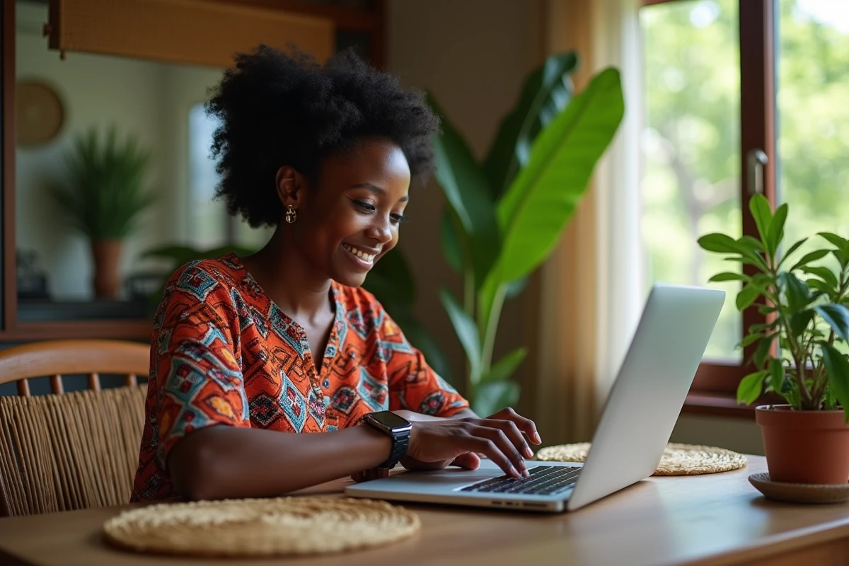 Femme malgache souriante dans son bureau à domicile