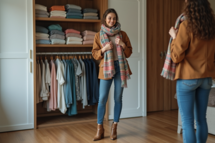 Femme ajustant un foulard coloré dans son miroir