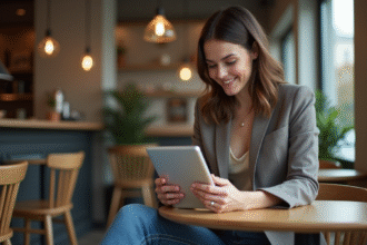 Femme élégante en blazer dans un café moderne