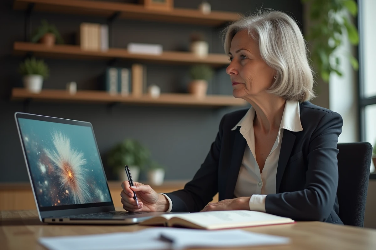 Femme mature réfléchissant devant un ordinateur en bureau