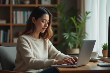 Femme assise à un bureau cosy compare des options d'abonnement