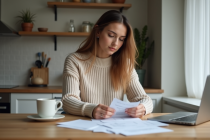 Jeune femme organisant ses factures à la maison