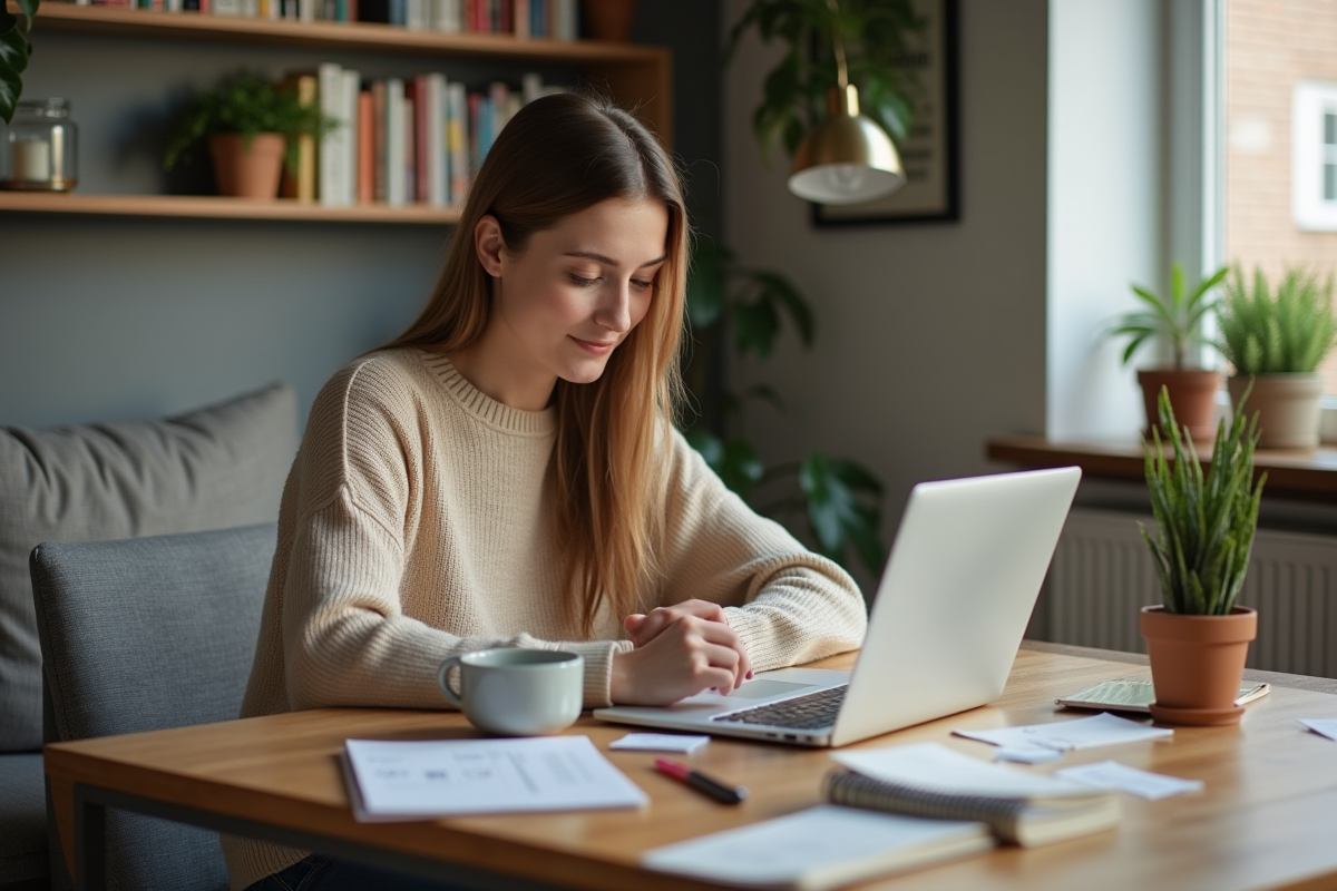 Jeune femme organisant son budget avec ordinateur et notes