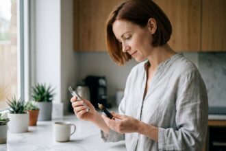 Femme tenant un pod et un flacon d'e-liquide dans une cuisine moderne, guide de choix de saveurs pour cigarette électronique