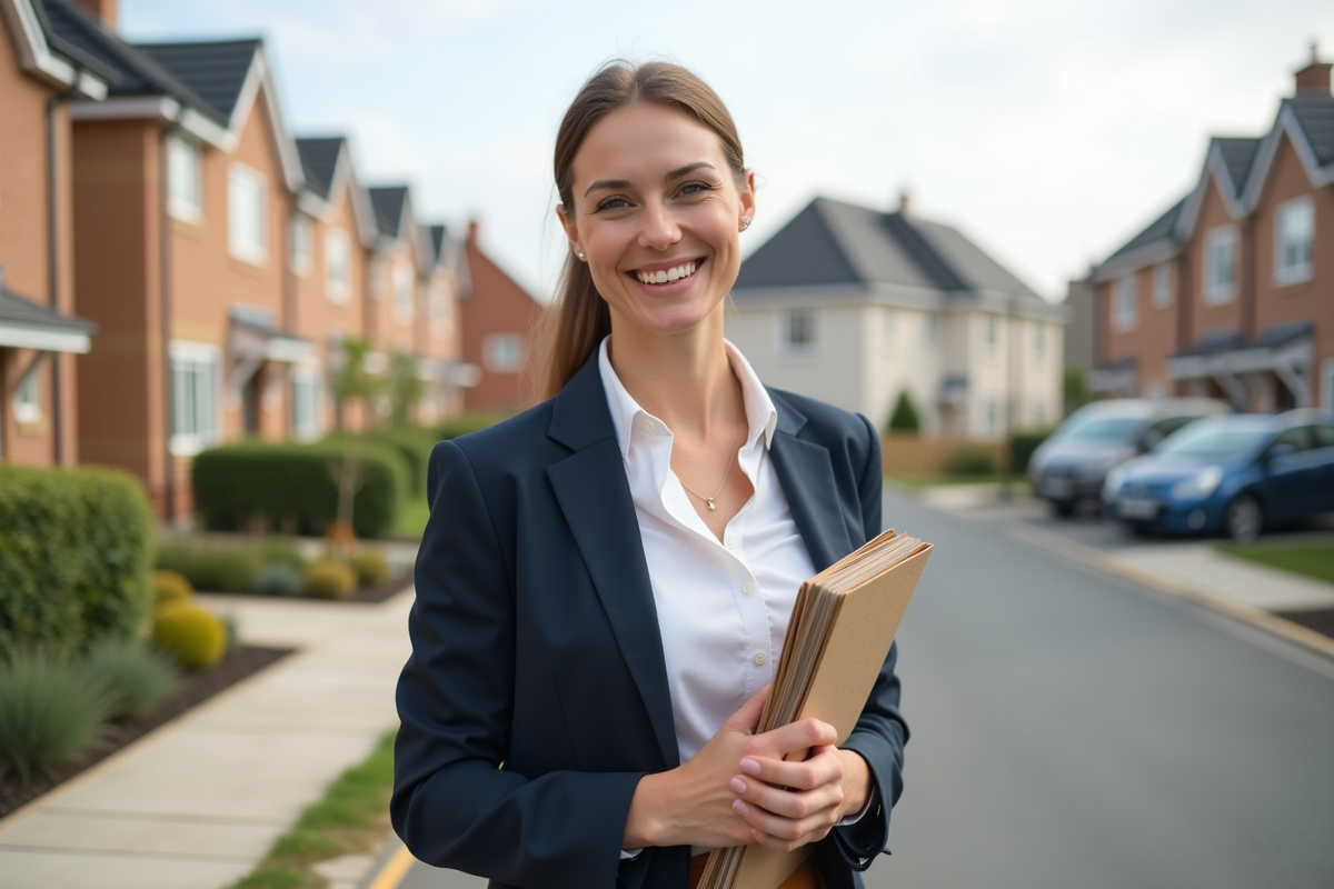 Femme souriante tenant une clé devant des maisons neuves