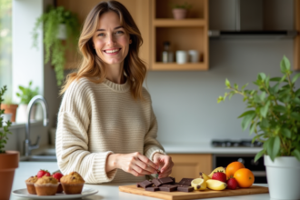 Femme souriante préparant un plateau de fruits et muffins dans la cuisine