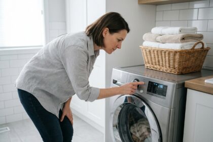 Femme choisissant le programme de sa machine à laver dans une buanderie moderne et lumineuse
