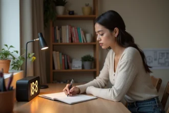 Jeune femme pensive à son bureau dans un appartement