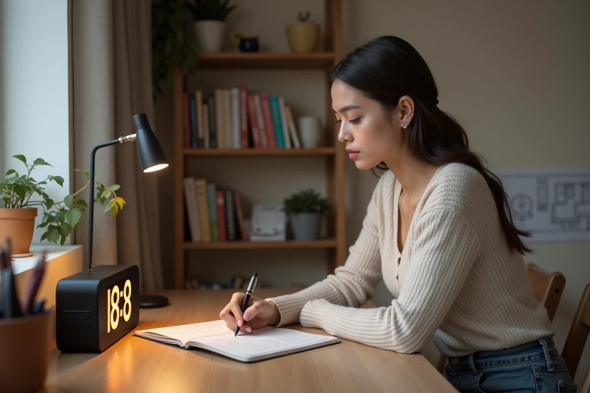Jeune femme pensive à son bureau dans un appartement