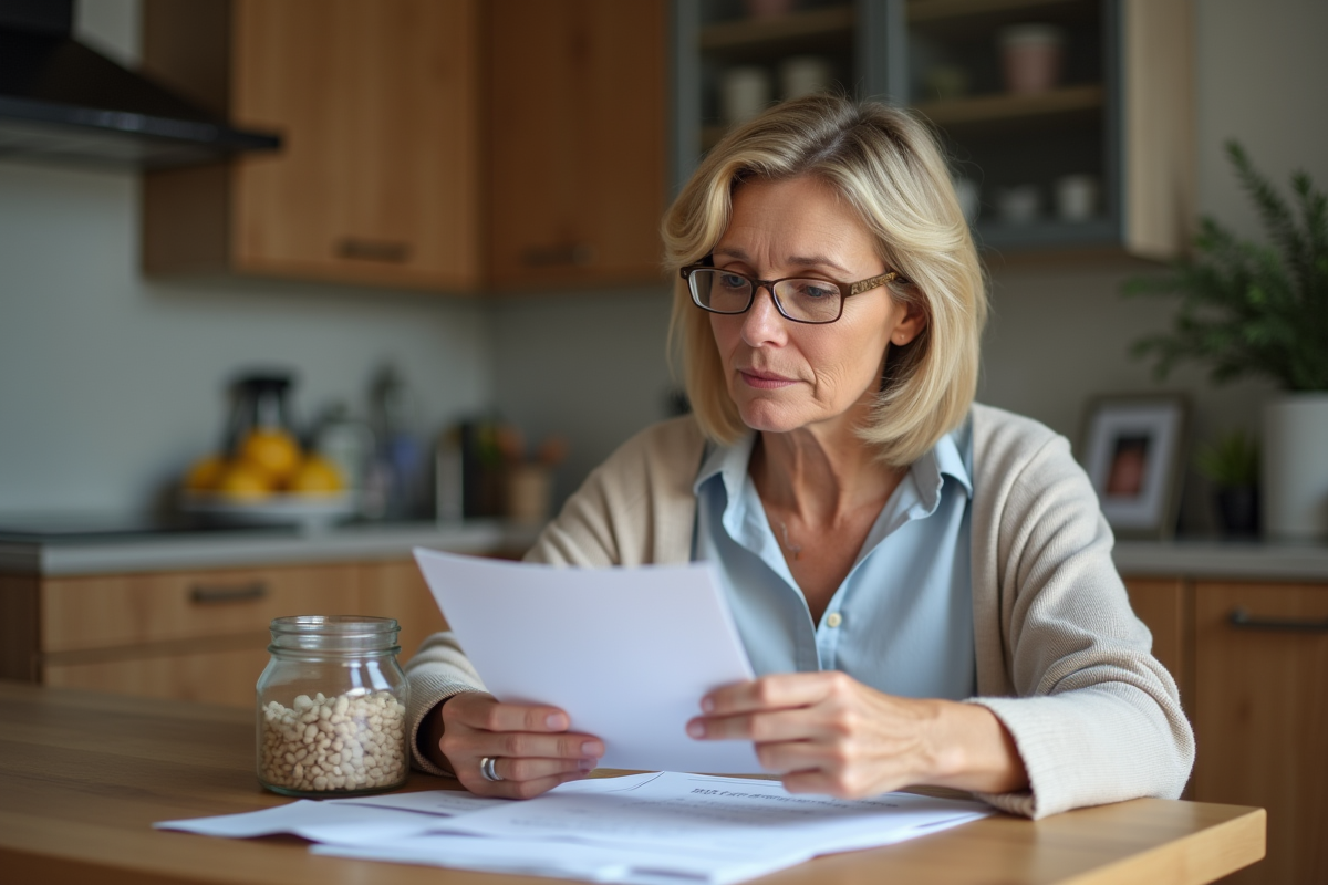 Femme réfléchissant à ses factures dans la cuisine