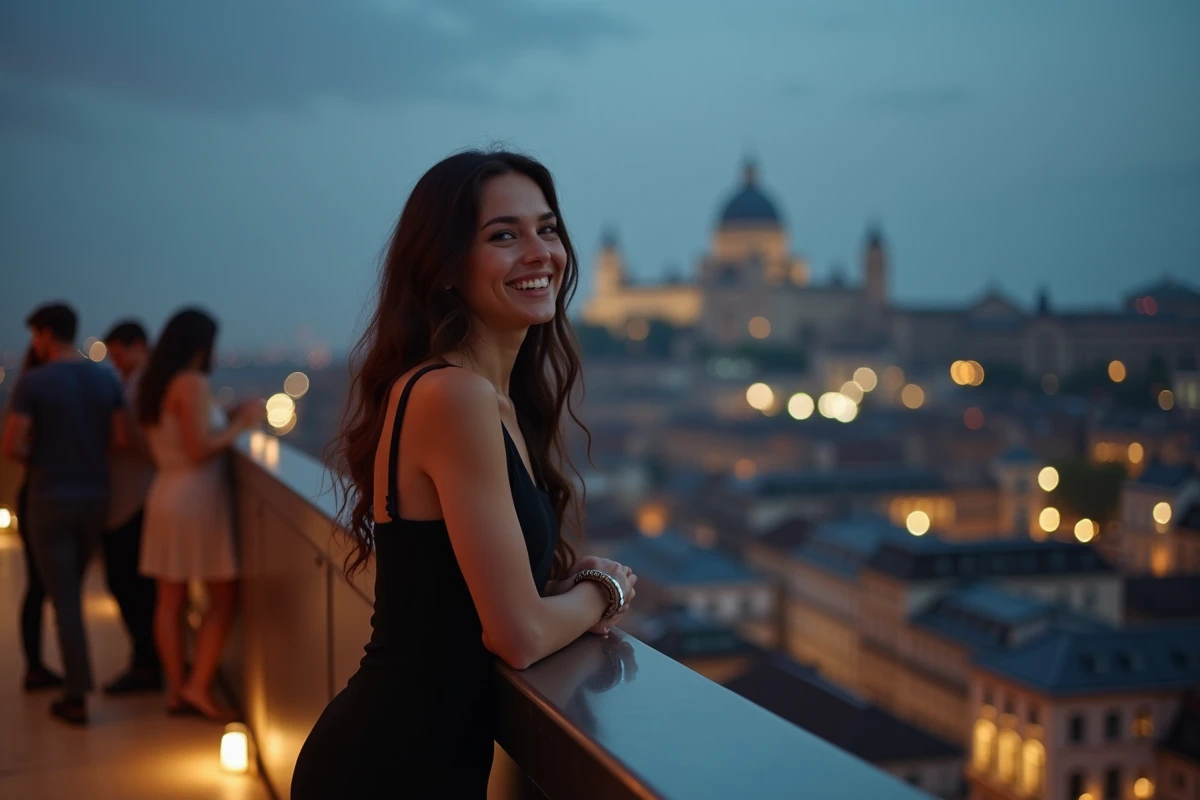 Jeune femme souriante sur un rooftop à Lille la nuit
