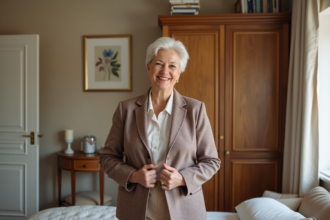 Femme senior souriante en blazer et blouse dans une chambre