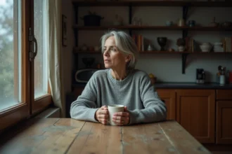 Femme seule à une table en bois tenant une tasse, regard perdu vers une fenêtre sous la pluie, illustrant la solitude et la tristesse