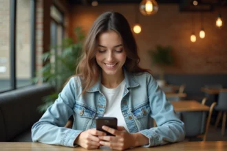 Femme détendue regardant son smartphone dans un café cosy