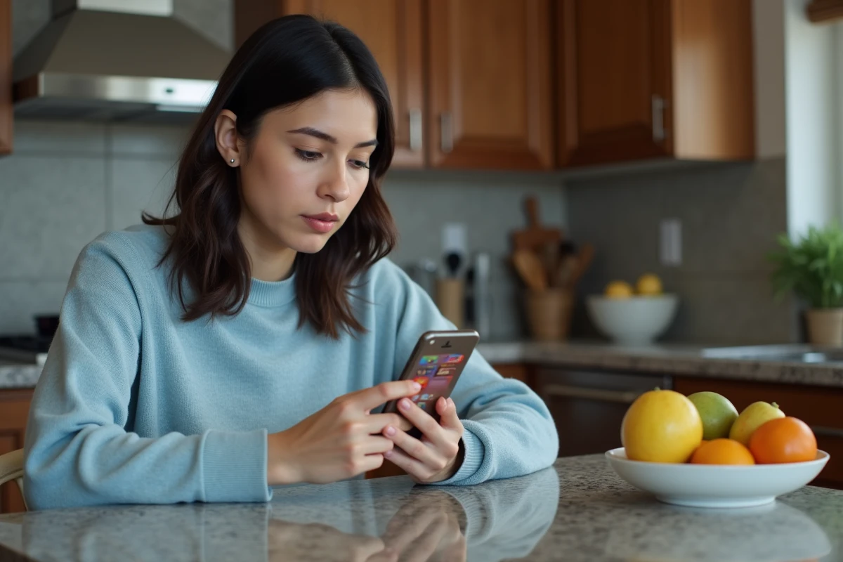 Jeune femme examine des images sur son smartphone dans la cuisine