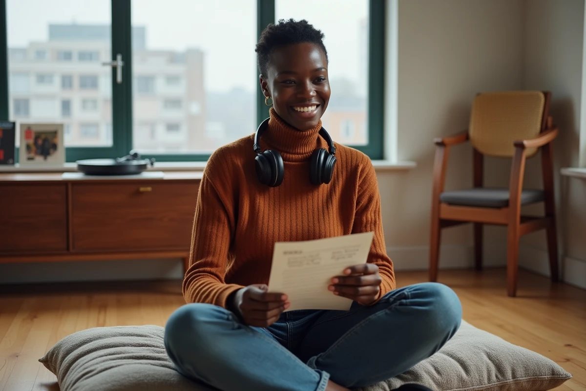 Jeune femme afro-américaine découvrant la musique soul chez elle, avec une liste d'albums et un tourne-disque en arrière-plan