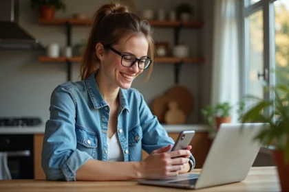 Jeune femme souriante utilisant son smartphone dans la cuisine