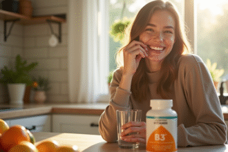 Jeune femme souriante avec vitamine B3 au matin