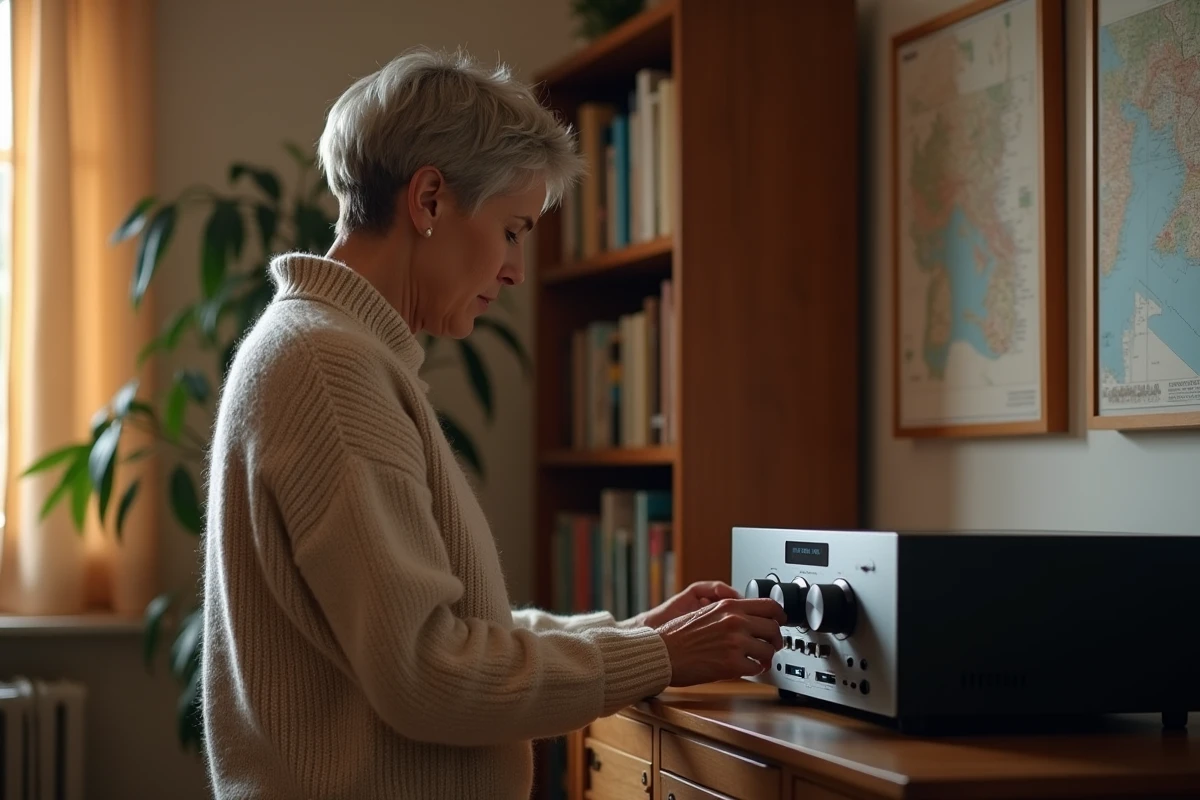 Femme ajustant un stereo dans un salon chaleureux