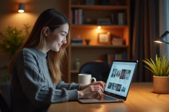 Jeune femme suivant ses subreddits préférés sur Scrolller depuis son bureau à domicile