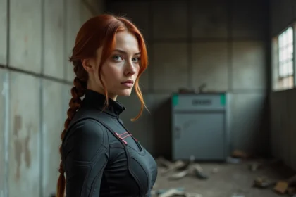 Femme en costume tactique dans un entrepôt abandonné