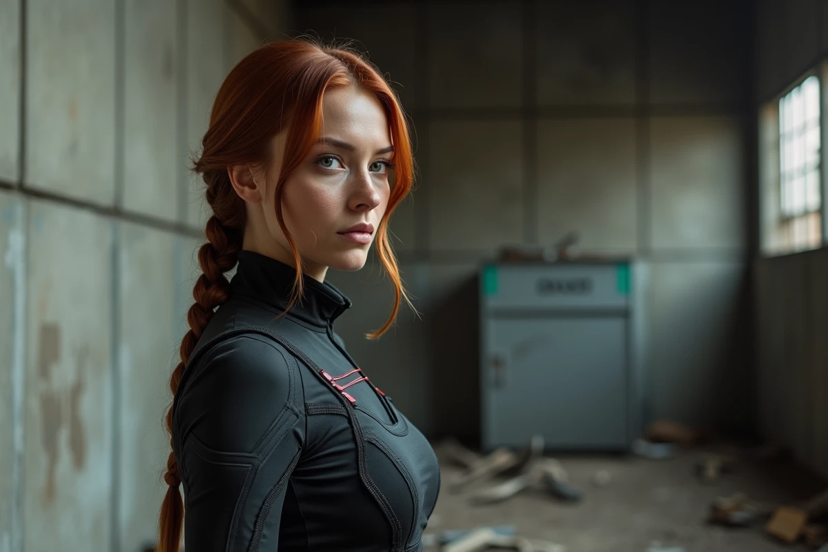 Femme en costume tactique dans un entrepôt abandonné