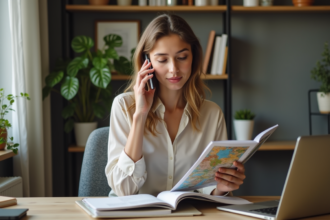 Jeune femme au bureau à domicile parlant au smartphone