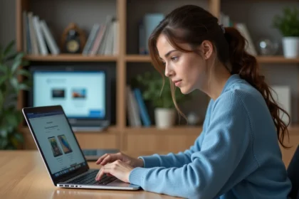 Jeune femme travaillant sur son ordinateur dans un espace cosy
