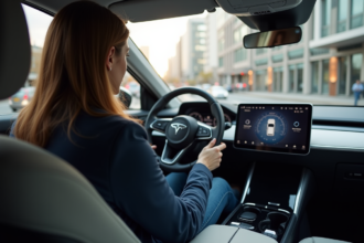 Femme dans une voiture autonome en ville lors d'une matinée