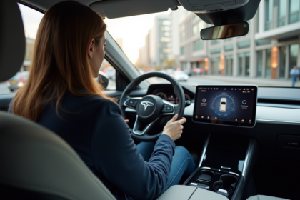 Femme dans une voiture autonome en ville lors d'une matinée