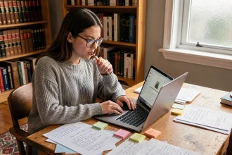 Jeune femme concentrée utilisant Wikipédia sur son ordinateur portable pour jouer à Pedantix, entourée de notes manuscrites sur un bureau en bois