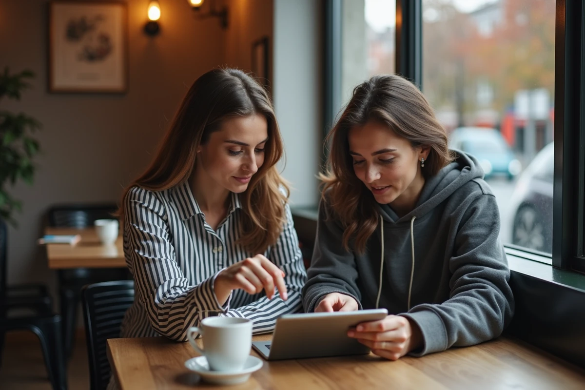 Deux femmes jouant à un jeu de bridge sur une tablette au café