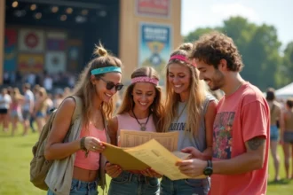 Groupe de festivaliers consultant la programmation des Vieilles Charrues devant une scène en bois
