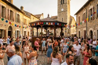 Fête de village animée sur une place pavée en France avec habitants et touristes dansant autour d'un kiosque à musique décoré de guirlandes colorées