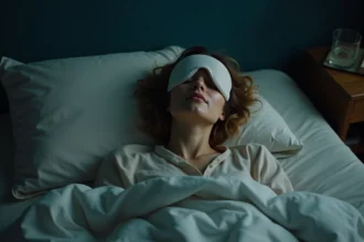 Femme allongée dans son lit les yeux fermés vivant une expérience de flash lumineux spirituel pendant le sommeil