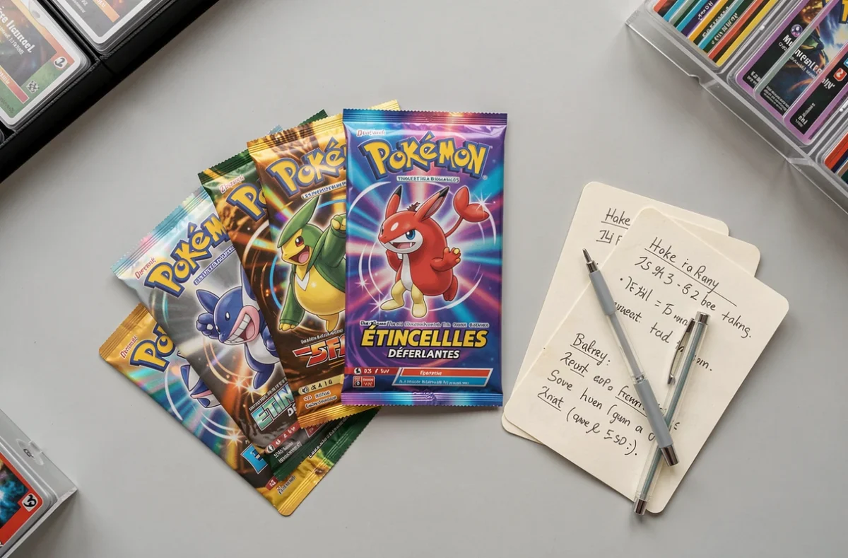 Flat lay de boosters Étincelles Déferlantes avec cartes holographiques et cahier de comparaison des prix sur fond gris
