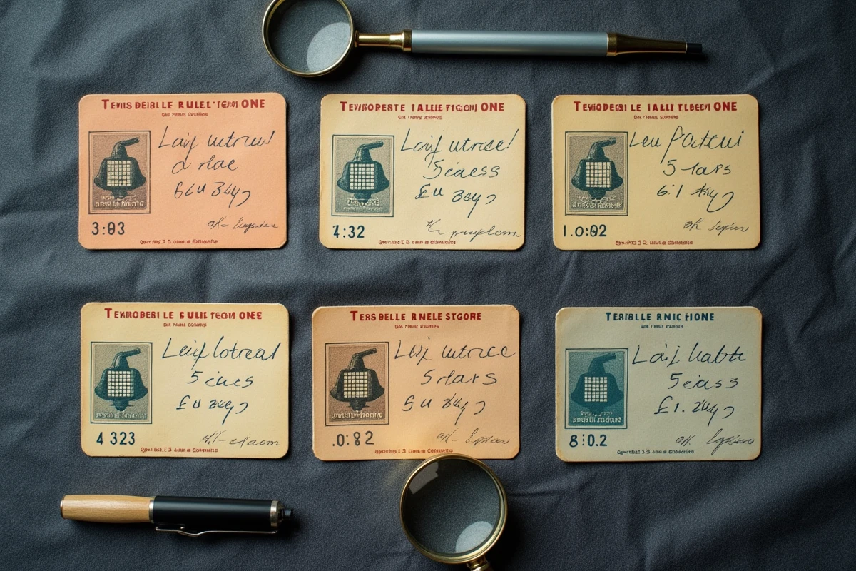 Gros plan flat-lay de cartes téléphoniques vintage avec puces et numéros de tirage visibles sur fond en lin gris ardoise