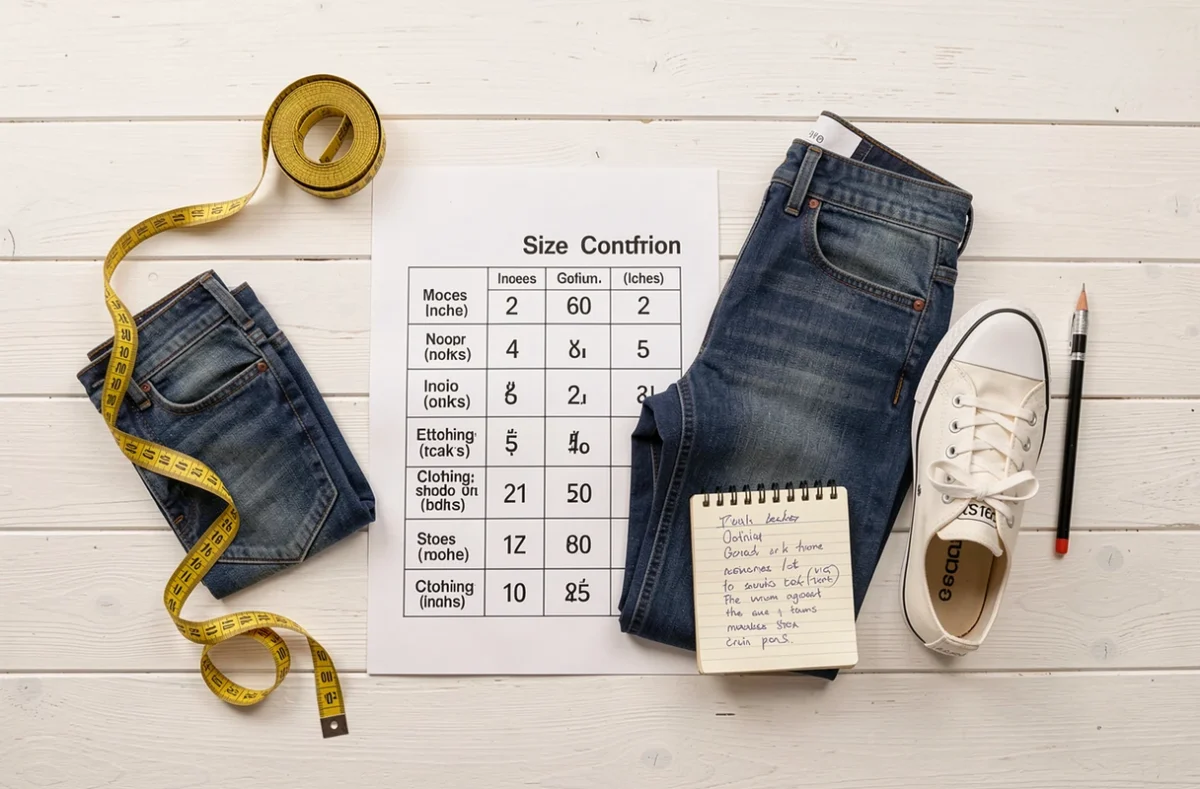 Flat lay d'un mètre ruban, d'un tableau de conversion centimètre pouce et de vêtements sur un bureau en bois blanc