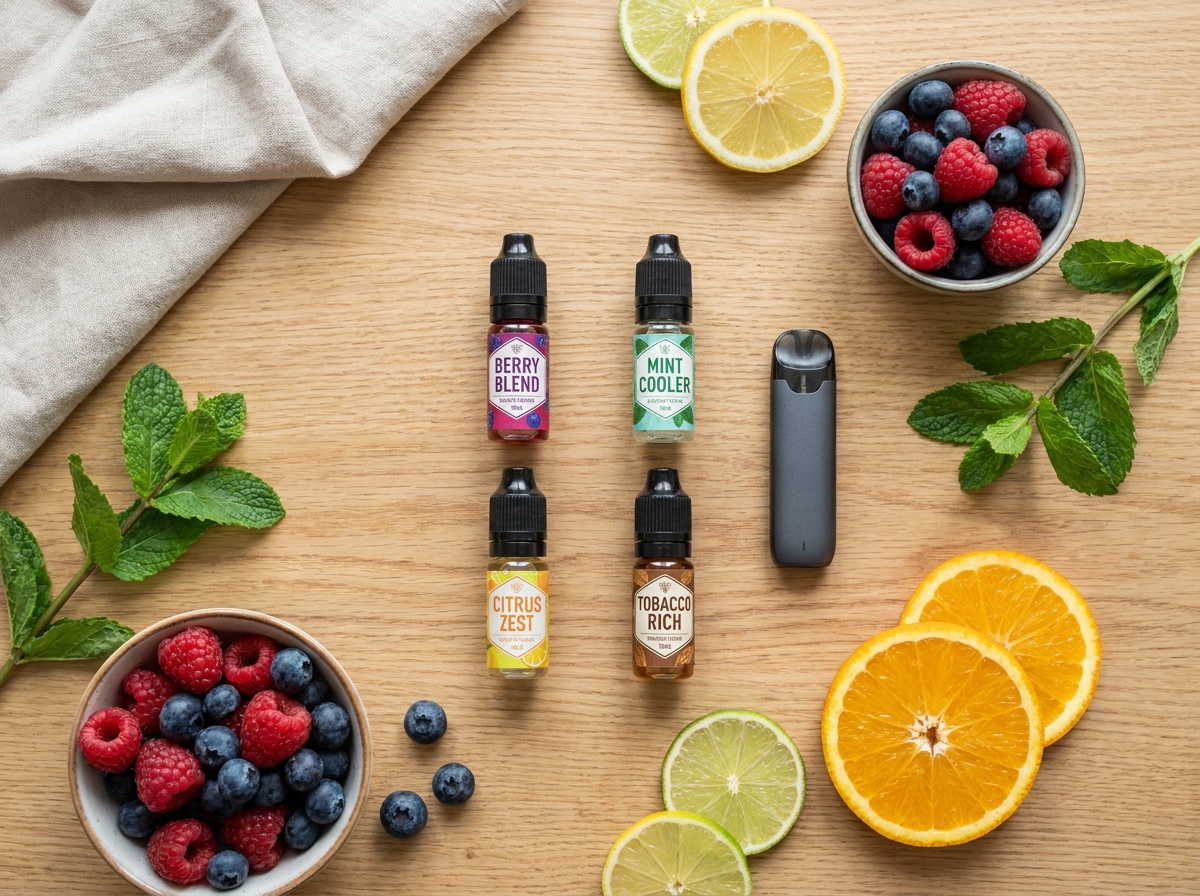 Flat lay de flacons d'e-liquide variés avec un pod et des fruits frais évoquant les saveurs disponibles pour cigarette électronique