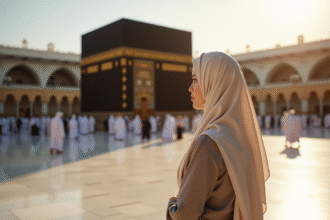 Femme en voyage pour la Omra avec un groupe encadré