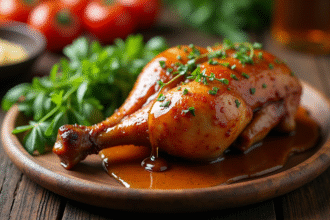 Cuisse de pintade caramélisée au miel prête à être servie
