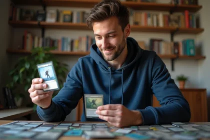 Joueur de Magic: The Gathering examinant une carte holographique rare à son bureau, entouré de classeurs et protèges-cartes bien organisés