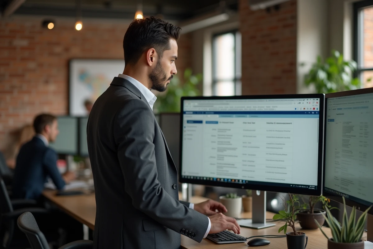 Collaborateur juridique configurant les rôles et permissions utilisateurs sur un logiciel de gestion de cabinet d'avocat en espace de travail moderne