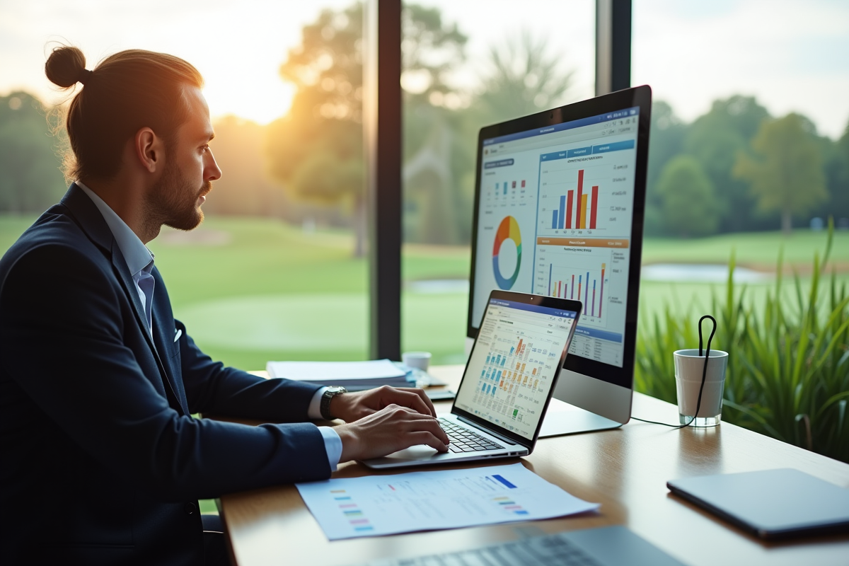 Gestionnaire de golf travaillant sur un ordinateur dans un bureau lumineux