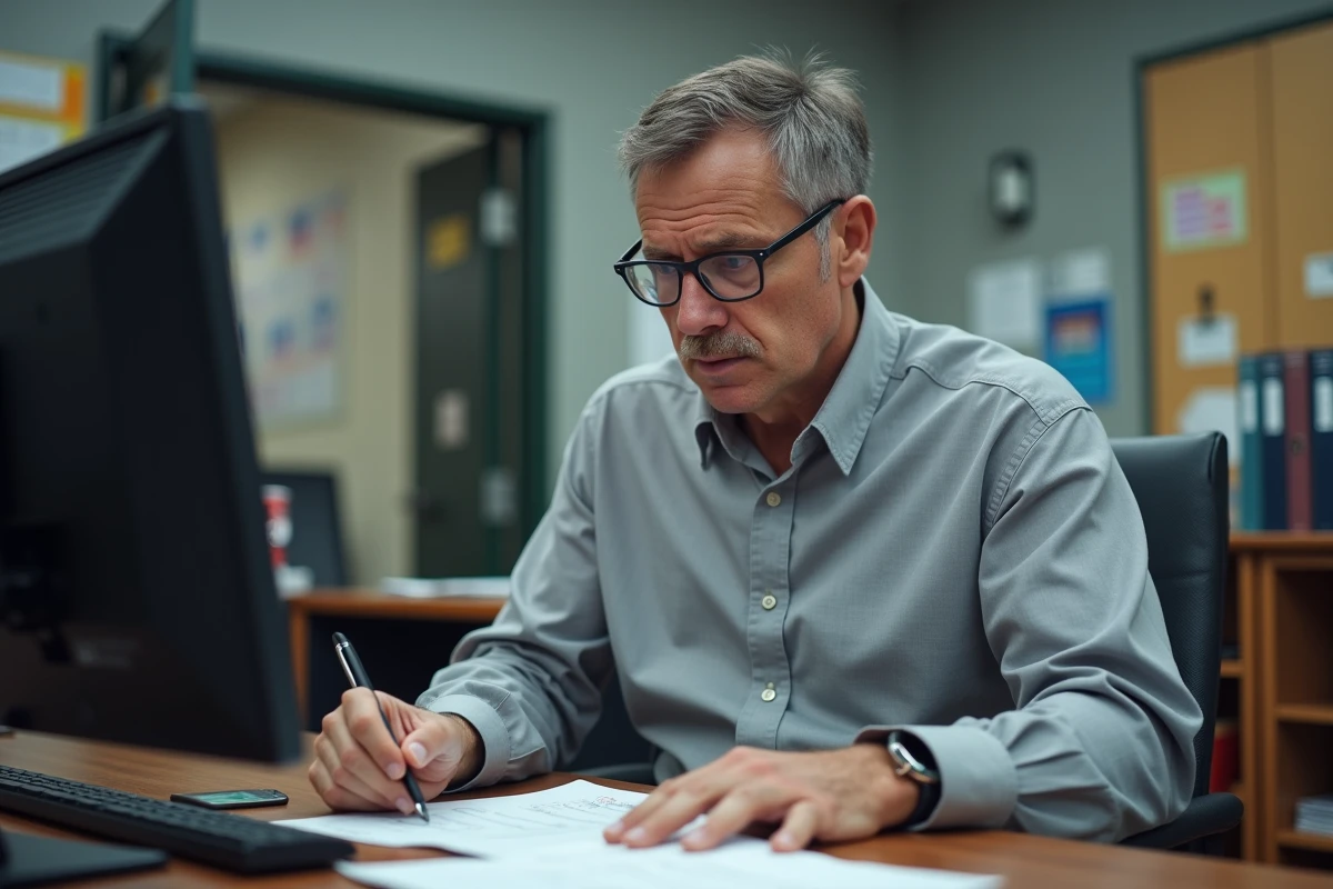 Manager informatique vérifiant documents dans un bureau scolaire