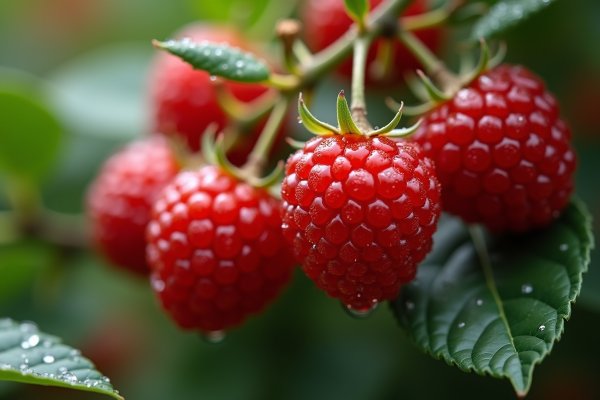 Gros plan sur yumberry avec gouttes de rosée