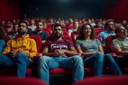 Groupe d'adultes dans un cinéma moderne après le film