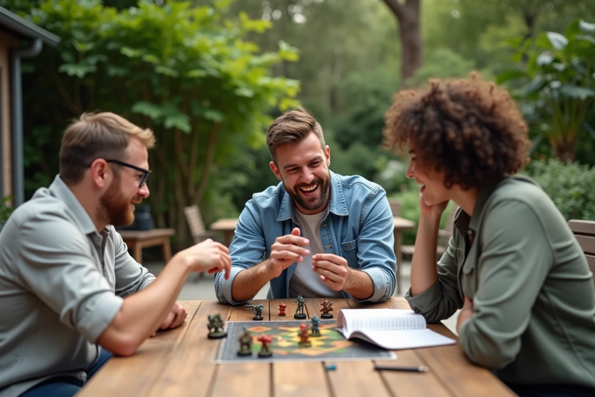 Trois amis discutant stratégie de jeu en extérieur