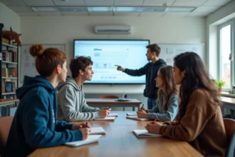 Groupe d'élèves de lycée discutant devant un écran numérique