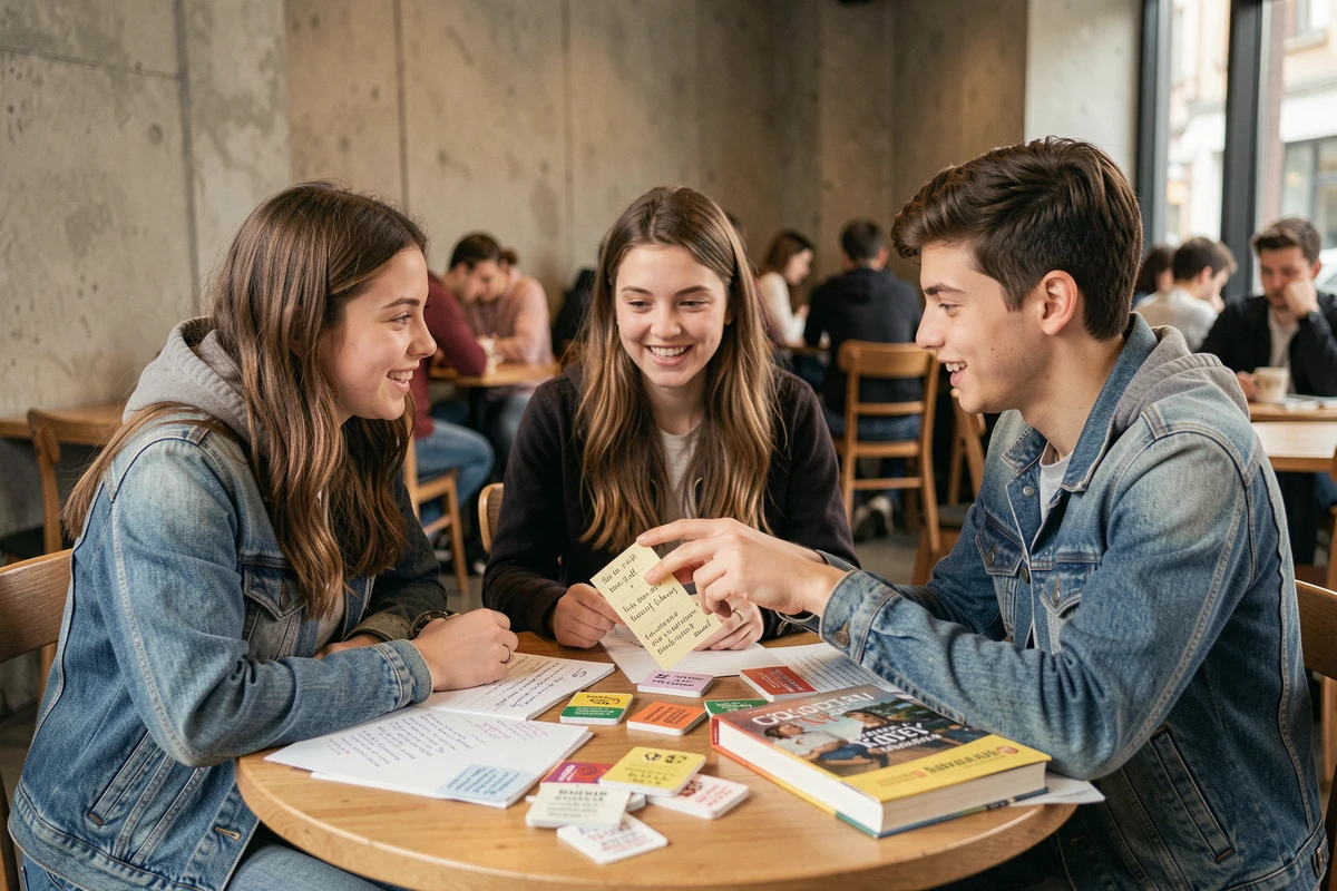Groupe d'étudiants qui révisent ensemble la définition du fait social de Durkheim dans un café pour le Bac SES